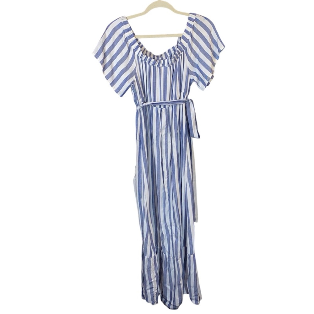 Isabel Maternity Blue/White Off-the-Shoulder Boho Maxi Dress, Size Small - Picture 2 of 6